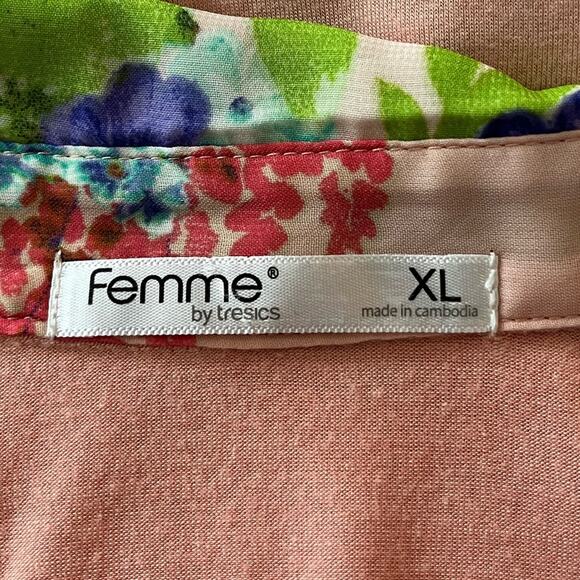 Femme Women’s Top Collared Sleeveless Mixed Media Pink Blue Multi Floral Size XL - Picture 9 of 12